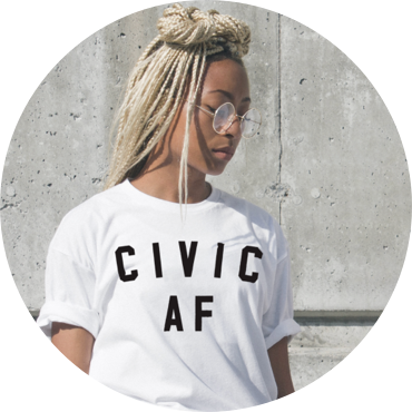 Young woman in Civic AF t-shirt.